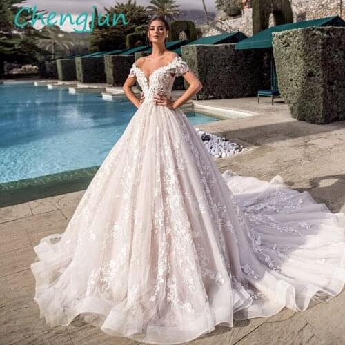 Chengjun Luxury Off Shoulder V Neck Lace Beaded Crystal Princess Wedding Gowns for Bride