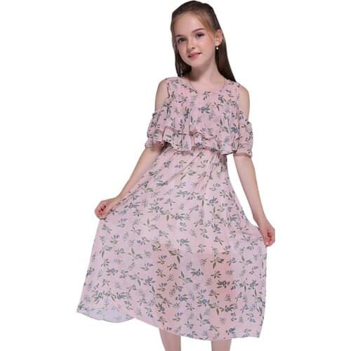 Girls Chiffon Dresses for Kids Clothes Summer Print Sleeveless Long Beach Sundress Ruffle Off-shoulder Dresses 6 8 10 12 Years
