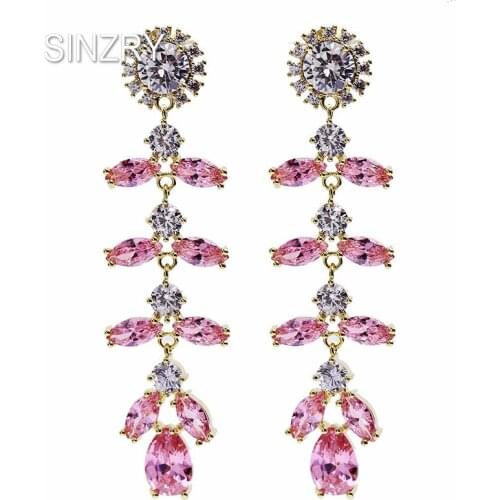SINZRY new long tassel cubic zircon leaf dangle earrings personality sweety pink Korean party earrings for women costume jewelry