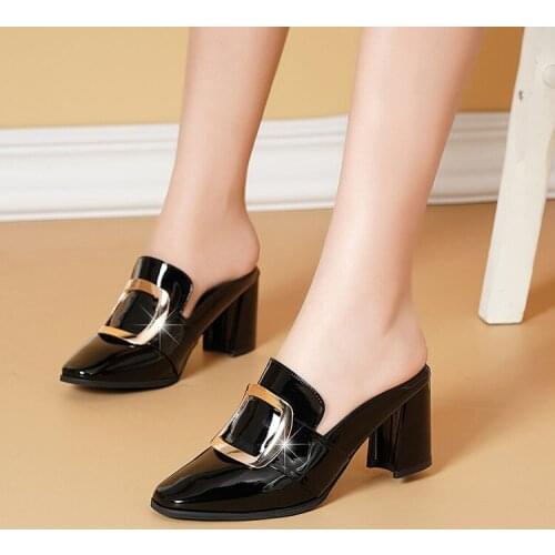 Patent Leather Sexy High Heel Mules Slippers Women Summer Dames Slippers Shoes Women Heels 2021 Fashion Women Heels Sandals