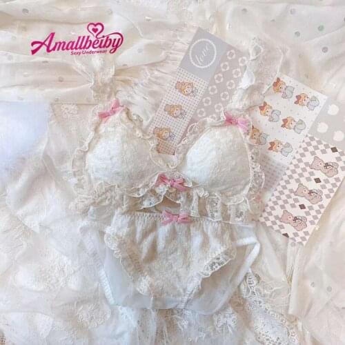 Japanese Sexy Small Chest Ring Adjustment Lace Underwear Girl V Bra and Panty Set Conjunto Lenceria Mujer