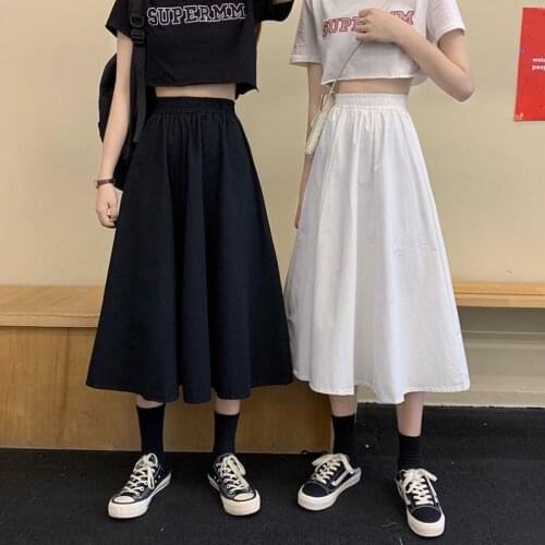 Skirts Women Simple Solid Leisure Loose Plus Size 2XL Long Skirt Korean Style Elastic-Weight A-line Student Streetwear Trendy BF