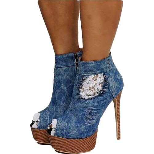 Peep Toe Ankle Booties Denim Platform Super High Heel Lace Decor Side Zipper Dress Women Boots Real Picture Manufacturer Shoes