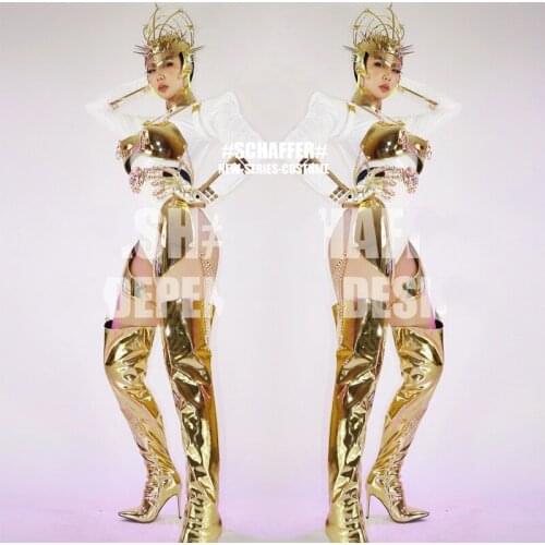 Nightclub Female Singer Stage Performance White Bikini Golden Accessories Modern Hip Hop Jazz Gogo Pole Dance Clothing DWY6198