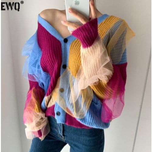 [EWQ] 2021 Spring Women New Loose Single Breasted Versatile Long Sleeve Panelled Patchwork Top Knitted Cardigan Sweater 8D731