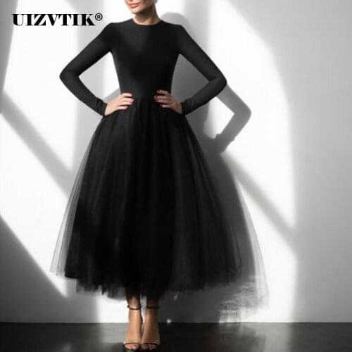 Sexy Hepburn Style Patchwork Mesh Black Long Evening Party White Dress Women 2021 Autumn Elegant Long Sleeve High Waist Dresses
