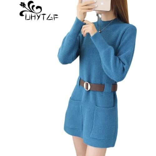 UHYTGF Autumn Winter Dress Female Turtleneck Mid-Length Knitted Bottoming Clothes Fashion Belt Pocket Elegant Women Sweater 1888