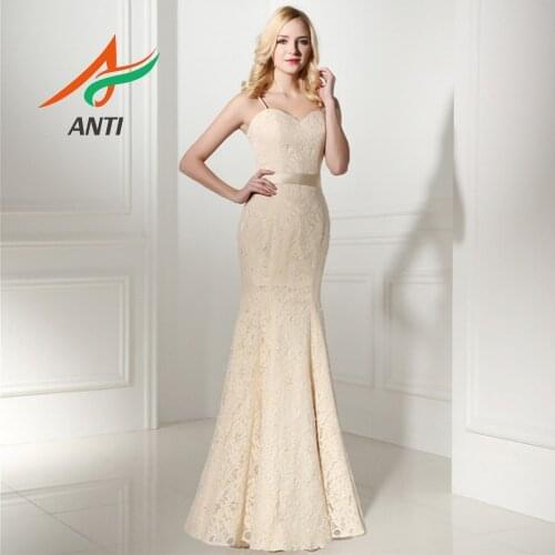 ANTI Robe De Soiree Lace Appliques Elegant Mermaid Long Evening Dresses Bride Banquet Sleeveless Spaghetti Strap Gowns For Woman