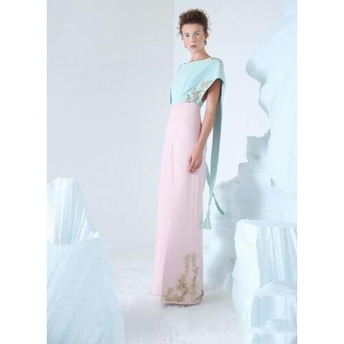 Jumpsuits Prom Dresses With Cape Embroidery Jewel Neck Pink Pants Celebrity Party Gowns Floor Length Formal Evening Dress