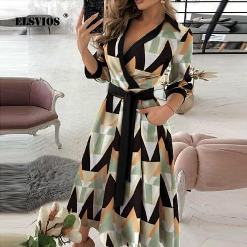 2021 Spring Dresses V-neck long-sleeve Belt Tie Fashion Long Dress Summer Womens Elegant Printed Splicing A-line Dress Clothing