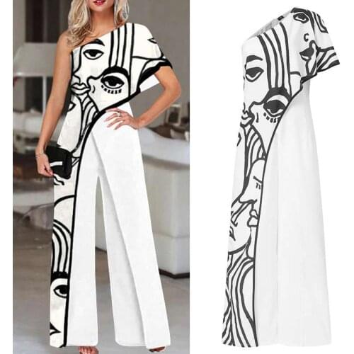 2021 VONDA Women Jumpsuits One Shoulder Printed Jumpsuits Women Trousers Female Palazzo Wide Leg Pants Pantalon Femme