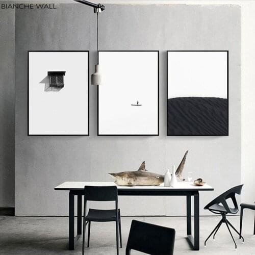 Black White Gray Abstract Poster Wall Desert Boat Canvas Print Wall Art Painting Picture Nordic Modern Simple Room Decoration