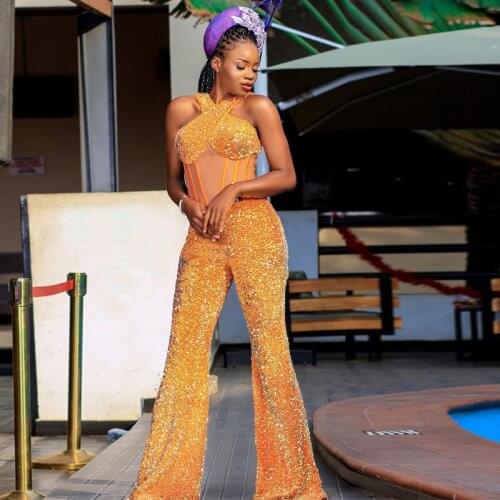 Shiny Golden Jumpsuit Prom Dresses See Through Top Halter Outfit Sequine Womens Cocktail Party Gowns