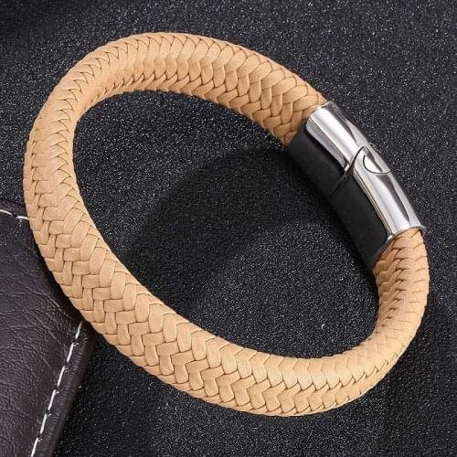 Trendy Men Jewelry Apricot Braided Leather Bracelet Stainless Steel Magnetic Clasp Fashion Bangles Gifts S0005