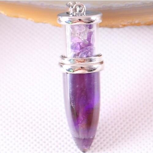 Wishing Bottle Cone Reiki Pendulum Natural Purple Crystal Stone Chip Beads Necklaces Women Men Bullet Shaped Pendant K720