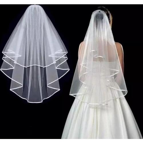 Two Layers Bridal Veil Ribbon Edge Cheap Bride Accessories Women Veil with Comb