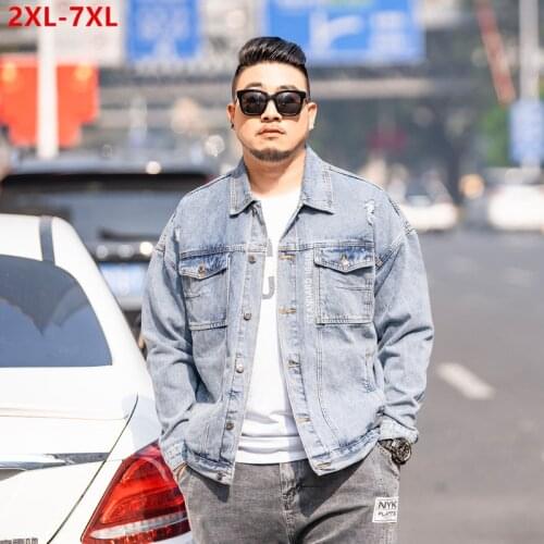 Motoocycle Denim Jacket Jeans Men Fashion Scratched Ripped Distressed Large Size 5XL 6XL 7XL Jean Plus Mens Cowboy Blue Coat