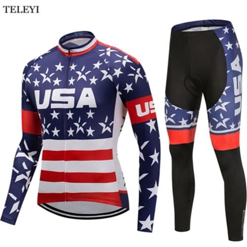 TELEYI Team Mens Long Sleeve Cycling Jersey USA Sets Ropa Ciclismo Breathable 3D Padded Bicycle Sportswear Cycling Clothings