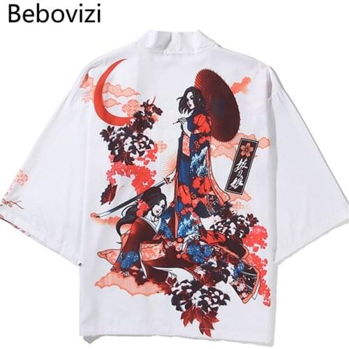 Bebovizi Japanese Cardigan Vintage Kimono Samurai 2020 Harajuku Women Men White Yukata Streetwear Beach Traditional Shirt Jacket
