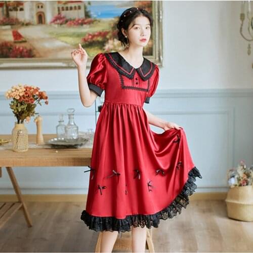 Sweet Retro Dress Lace Peter pan Collar Cute Puff Sleeve Bow Sweet Kawaii Dress Summer Dark Retro Lolita Vestidos