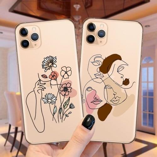 Minimal Line Art Woman With Floral Phone Case For iPhone 12 11 Pro XS MAX X XR 6S 7 8 Plus 5S SE 2 12Mini Silicone Cover Fundas
