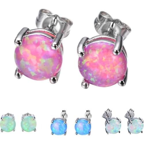 Fashion Women 6mm Opal With Zircon Four Claws Earrings Round Faux Inlaid Ear Stud Earrings For Femael Jewelry Gift