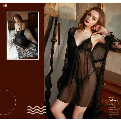 New night-robe set Sexy bowknot Women Nightwear Lingerie faintly discerni Robe Underwear Sleepwear Night Dress Erotic Sex