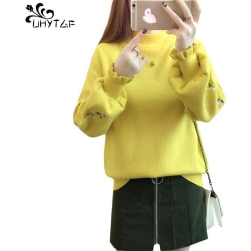 UHYTGF Autumn Sweater Women Fashion Embroidery Students Plus Size Top Female Short Jacket Long Sleeve Turtleneck Warm clothes277