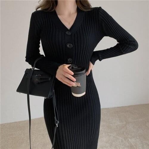 V-Neck Basic Sweater Dress Women Autumn Winter Long Sleeve Casual Knitted Stretchy Midi Bodycon White Woman Dress