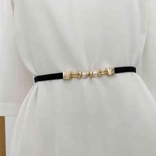 Double Pearls Metal Buckle Belts For Women Elastic Thin Belt Lady Dress Skirt Waistband