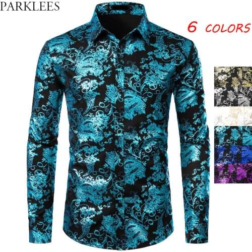 Floral Bronzing Men Shirt Luxury Shiny Paisley Flower Mens Shirts Fashion Casual Mens Party Shirts Dance Prom Men Camisas Hombre