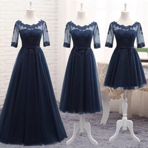 Navy Blue Lace Bridesmaid Dresses 2021 Soft Tulle Maid of honor Wedding Party Dress With Sleeves Vestido de fiesta de boda