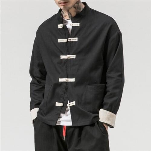 Chinese Traditional Retro Coat Man Autmn Long Sleeve Tang Suit Mandarin Collar Buckle Jacket Oriental Cotton Kung Fu Shirt