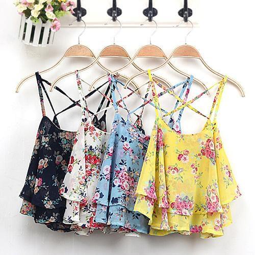 Bluelans Womens Summer Sleeveless Strap Flower Print Chiffon Shirt Vest Blouses Crop Top
