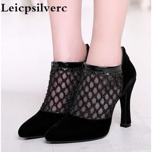 New spring and autumn fashion zipper pointed high heel women shoes lace gauze rough shoes