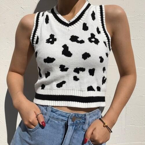 Womens Classic Sweater Vest Trendy Cow Print Sleeveless V Neck Rib Knit School Uniform Pullover Crop Top Clubwear Streetwear