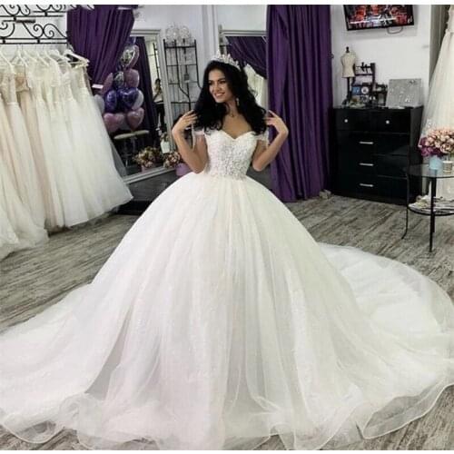 Sweetheart Off Shoulder Short Sleeve Lace-Up Applique Ball Gown Puffy Wedding Dress Bride Gown Vestidos De Novia robe mariée