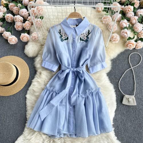 Bannlin 2021 Summer Runway 2 Piece Embroidery Mesh Shirt Dress Women Turn Down Neck Ruffles Hem Lace up Belt Sweet Mini Dress