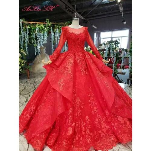AnXin SH Luxury princess rose flower red lace beading crystal illusion o neck long sleeve bride wedding dress 100% real photo