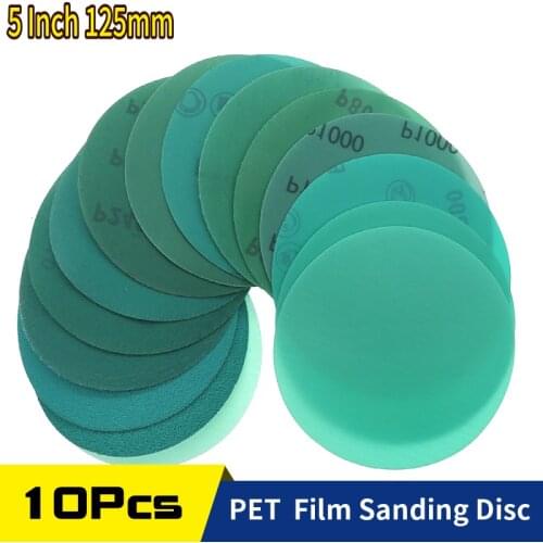 10Pcs 5 Inch 60 to 2000 Grits Hook and Loop Polyester Film Green Sandpaper Sanding Disc