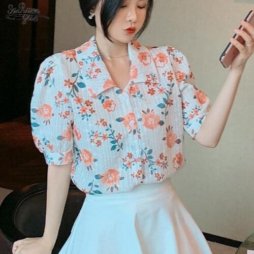 2021 Summer Short Sleeve Chiffon Shirts Women Vintage Plus Size Floral Women Blouse Single Breasted Print Female Clothing 14421