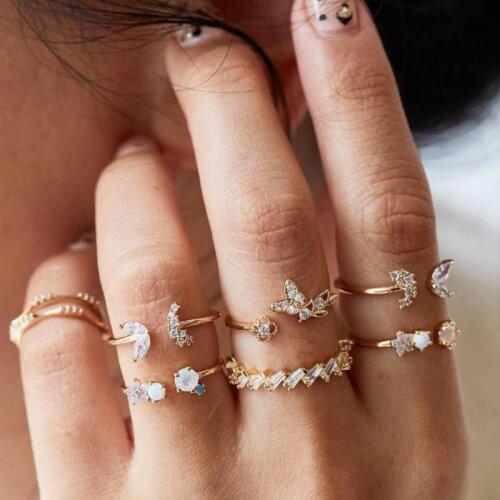 7pcs/set Shiny Crystal Stone Gold Color Rings For Women Charms Butterfly Rings Set Geometric Adjustable Jewelry Anillos Mujer