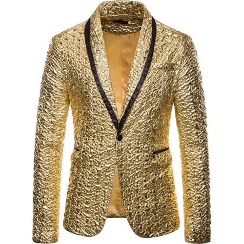 Shiny Gold Glitter Blazer Men Slim Fit One Button Shawl Lapel Suit Jacket Mens Party Wedding Groom Tuxedo Blazers Nightclub Stage Singer Costume Homme