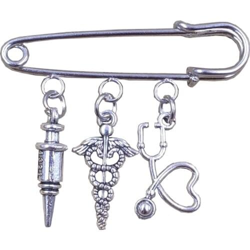 Old-fashioned Retro Silver Plated Brooch Caduceus Doctor Nurse Cap Medical Needle Syringe Stethoscope Women Gift BK029-050