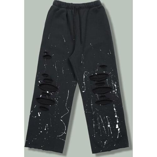 Hip Hop Tie Dye Splash Ink Hole Casual Pants Mens Harajuku Streetwear Retro Straight-leg Trousers Winter Thicken Joggers Pants