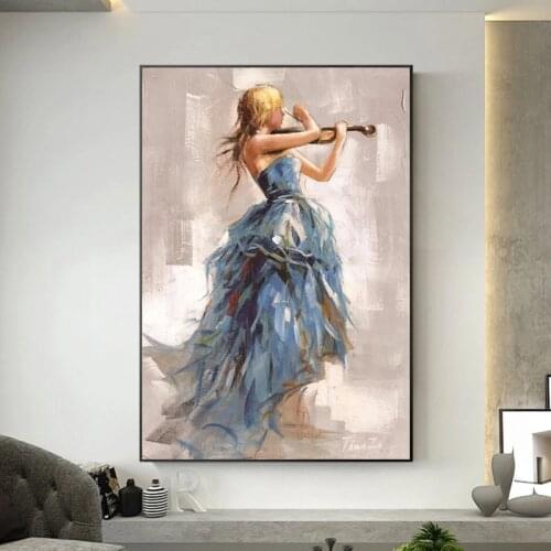 Girl Playing The Violin Canvas Hand Painted Oil Painting Posters and Modern Wall Art Picture for Living Room Home Decoration