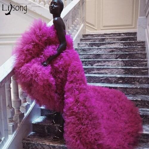 Dramatic Fuchsia Puffy High Low Tulle Prom Dresses Lush Tulle Long Prom Gowns Fashion Hot Pink Formal Dresses Large Size