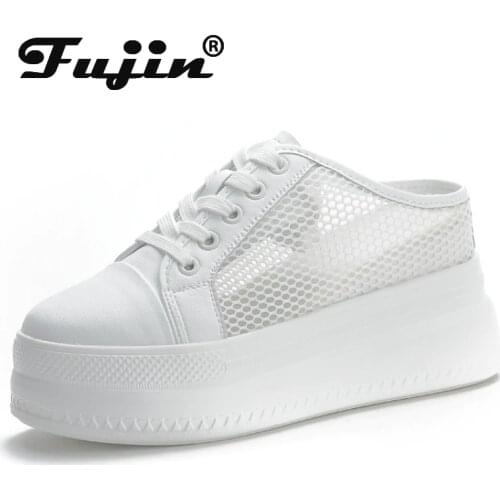 Fujin White Shoes Slipper Air Mesh Hollow Platform Chunky Sneakers Genuine Leather Women Female Sneakers Pumps Sapatos De Mujer