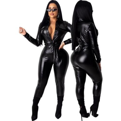 Imcute Button Bodycon Jumpsuits Women Sexy Solid Color Long Sleeve V-Neck Rompers Spring Fall Workout Overalls Rompers Outifits