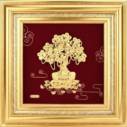 Gold Leaves Money Tree Gold Foil Painting Tree of Life Fortune Tree Gold Leaf Crafts Wall Art Pictures for Living Room Decor